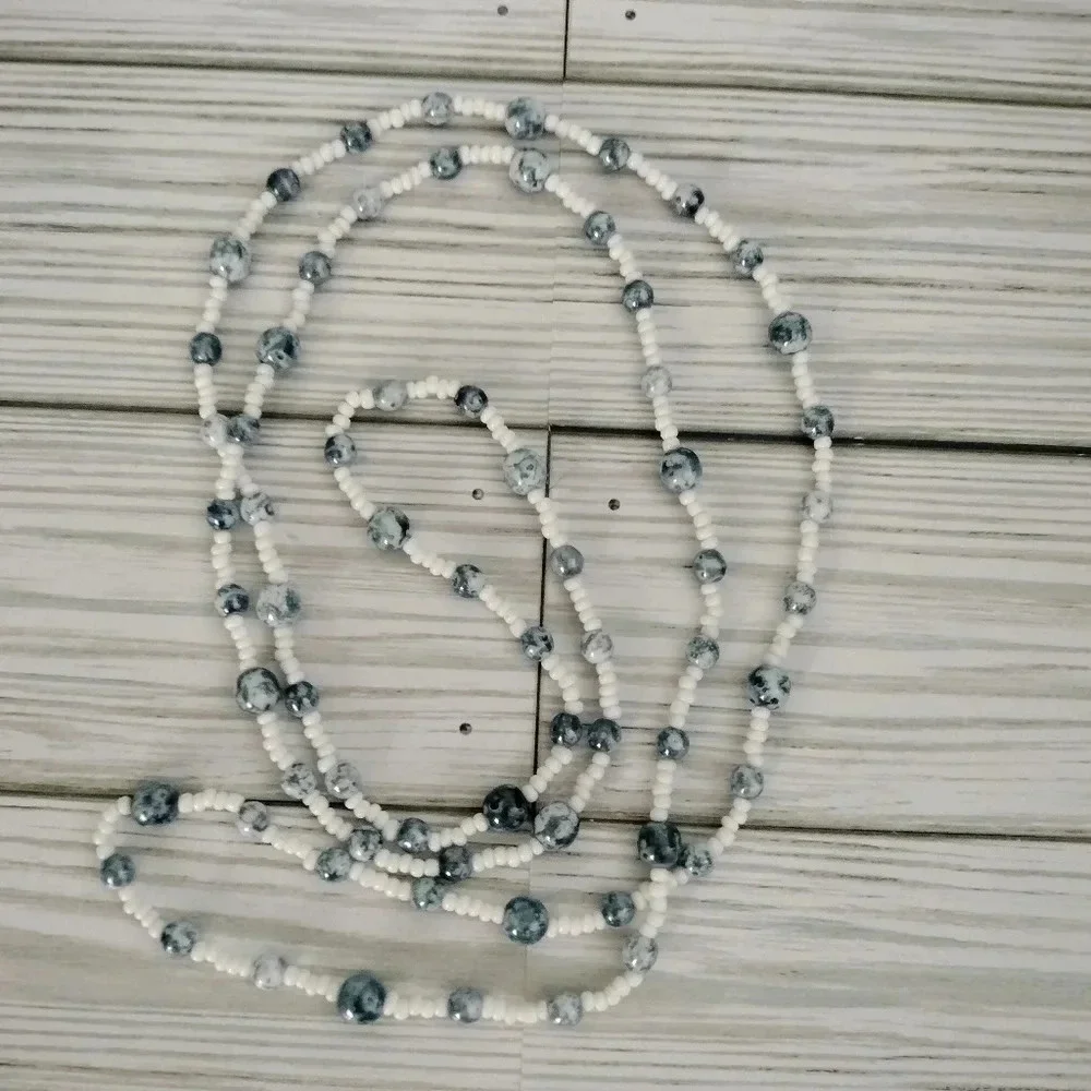 Blue Gray White Glass Beaded long Necklace 23